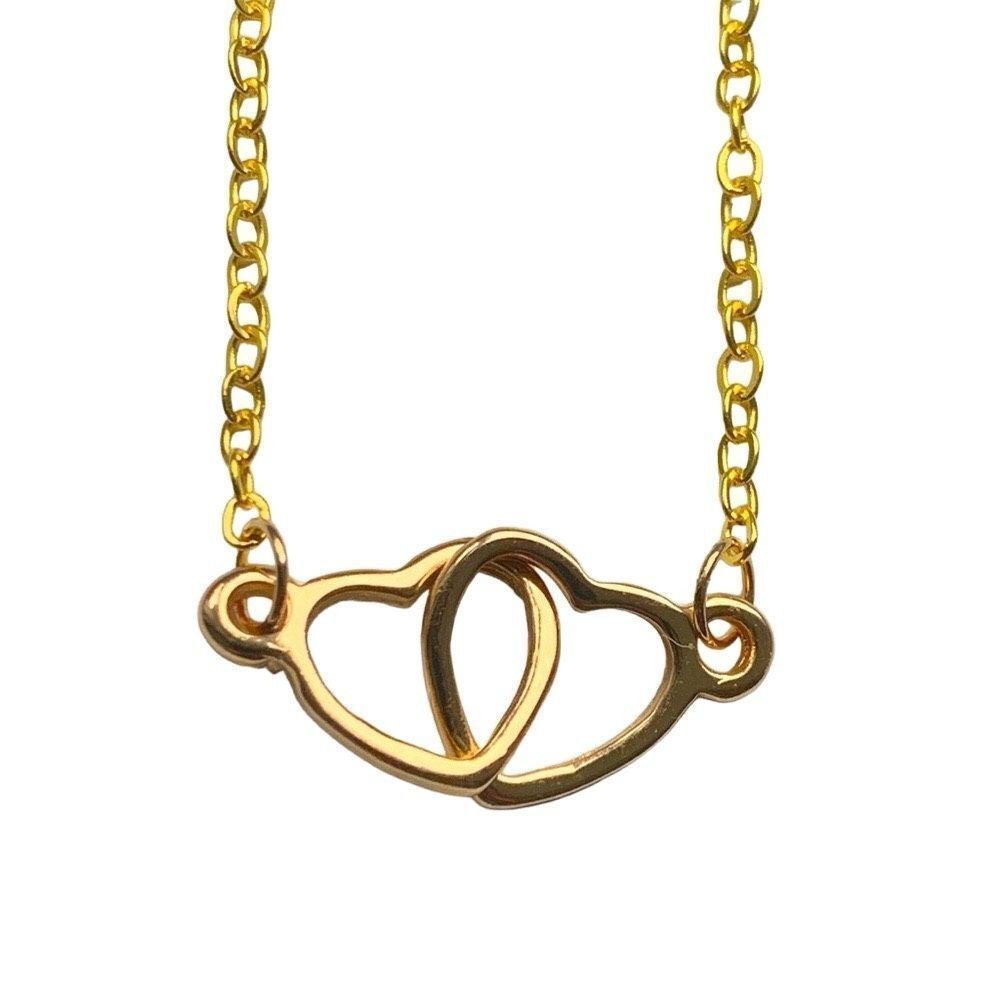 Double Interlocking Hearts Love Necklace in Gold Tone